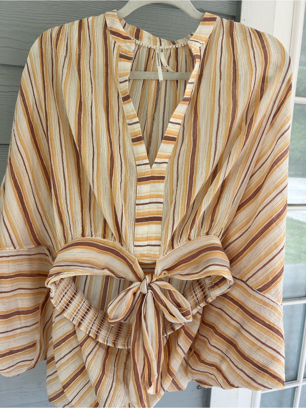 Anthropologie Striped V-Neck Tie Waist Boho Cottage  Chic Cotton 3/4 Sleeve S